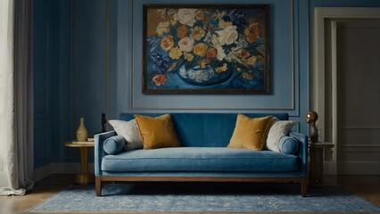 modern living room,A blue couch with two throw pillows sits under a painting of flowers. The walls are blue, and there's a blue rug on the floor. A vase and two statues sit on either side of the couch