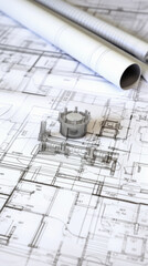 Architectural plans and rolls of blueprints, close-up
