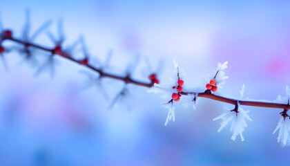 A close-up photo of a tree branch with red berries covered in frost