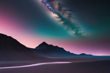 Dark Mountain Landscape with Cosmic Sky Display