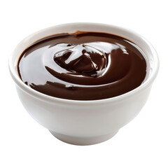 A bowl of melted chocolate sauce sits on a white background. The sauce is thick and rich, with a deep brown color. The bowl is white and has a simple, elegant design. Concept of indulgence and luxury
