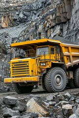 Big yellow anthracite mining truck in open pit coal mine, industrial heavy machinery operation