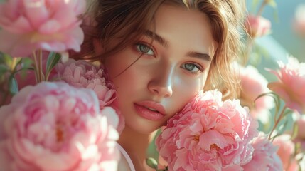 Ethereal Beauty Amongst Peonies, young woman's gaze emanates an ethereal quality surrounded by delicate peonies, creating a portrait of serene beauty