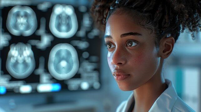 Radiologist's Insightful Gaze, young black female radiologist stands before brain scan images, her gaze reflecting the depth of focus and expertise in medical diagnostics