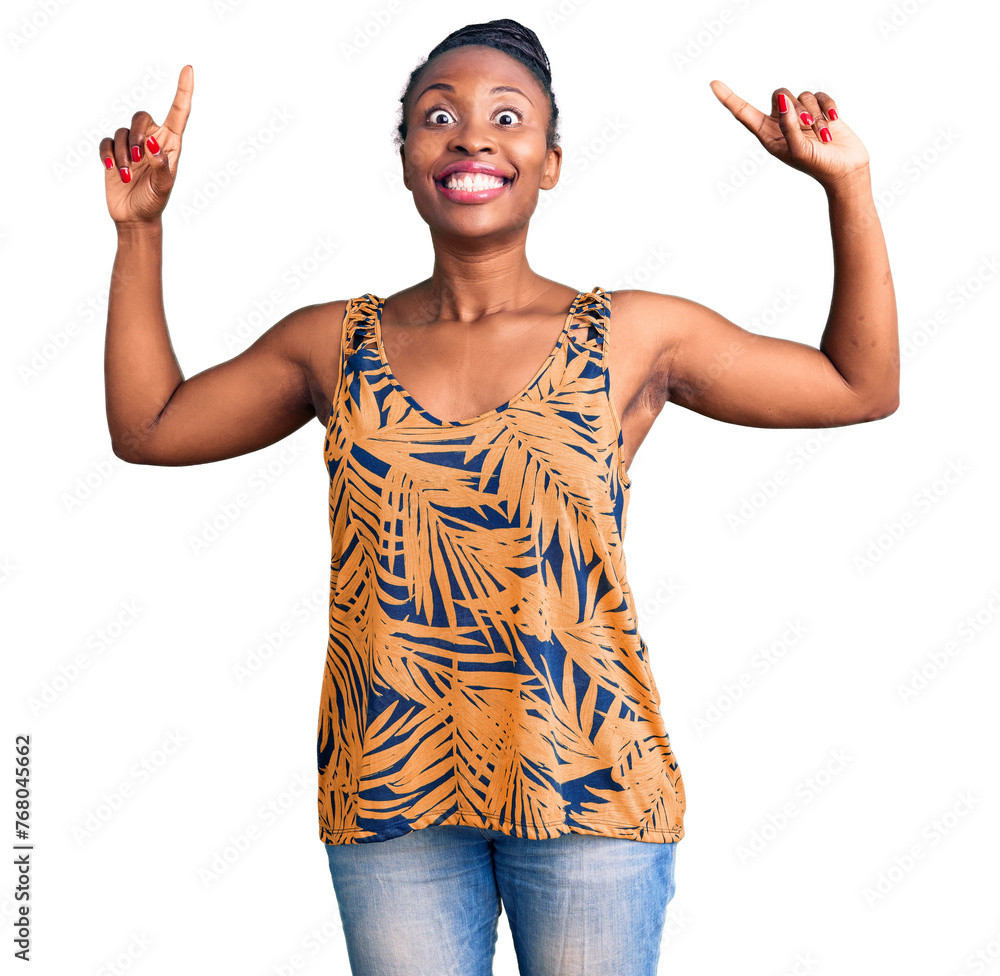 Sticker young african american woman wearing casual clothes smiling amazed and surprised and pointing up wit