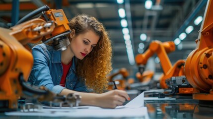 Engineer with Robotics in Manufacturing,  engineer meticulously reviews blueprints amidst advanced robotics in a modern industrial setting, exemplifying innovation