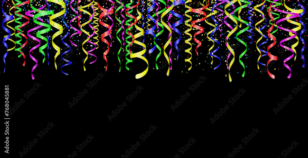 Aufkleber Falling confetti and curly colorful shiny streamer on black background. Empty space for text