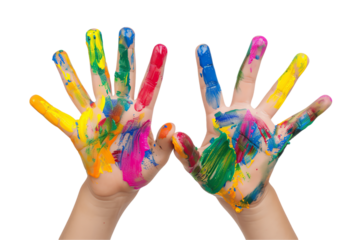 A child's colorful, paint-covered hands show the joy of creating art