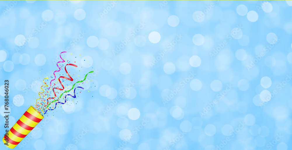 Aufkleber party popper with flying confetti. yellow and red firecracker explodes with serpentine. birthday and