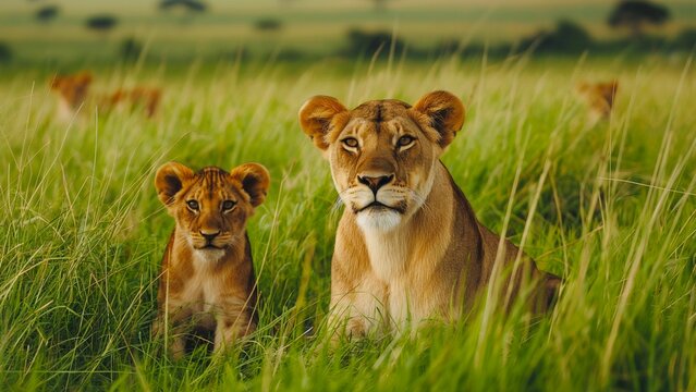 A mother lion with a cub was in the high green grass forest