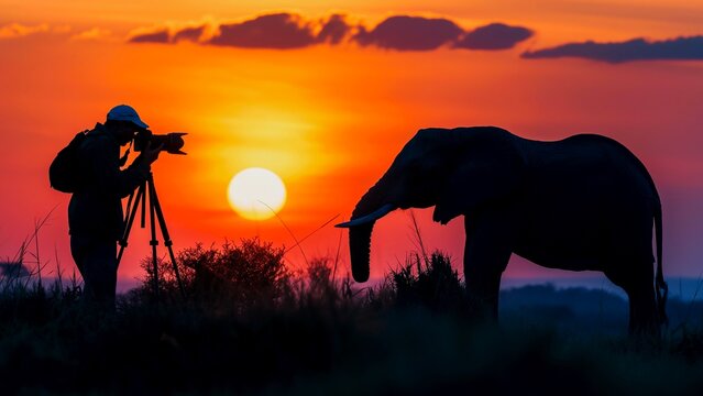 A photographer taking a photo of a wild elephant on a sunset background.