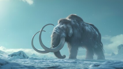 A mammoth walking in the North Pole.