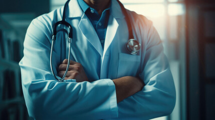 Close-up of a doctor with stethoscope in his hands