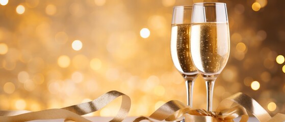 Glasses of champagne with ribbons on bokeh background. - obrazy, fototapety, plakaty