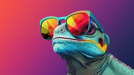 Layered, minimalist, abstract, panorama background with a chameleon donning sunglasses on a solid color vector art Illustrations .