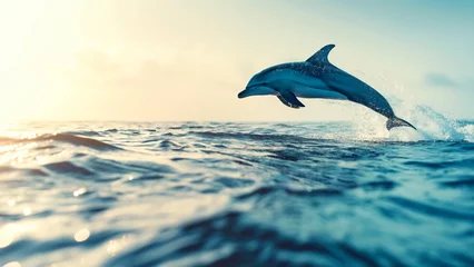 Schilderijen op glas A dolphin jumps onto the surface of the sea © PJang