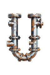 Two metal pipes connected together to create the shape of the letter U. Isolated letter U.