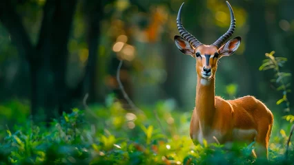 Plexiglas foto achterwand Antelope looking at the camera in the green forest © PJang