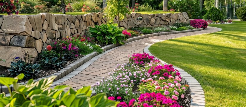 Landscape design with flower beds in home garden, beautiful landscaping 