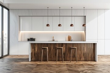 Modern white minimalist interior design with kitchen sofa wooden floor wall panels and marble kitchen island generative ai - obrazy, fototapety, plakaty