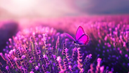 A purple butterfly on a violet lavender field.