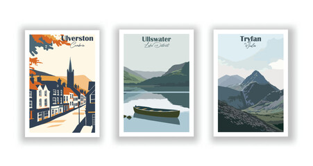 Tryfan, Wales. Ullswater, Lake District. Ulverston, Cumbria - Set of 3 Vintage Travel Posters. Vector illustration. High Quality Prints - obrazy, fototapety, plakaty