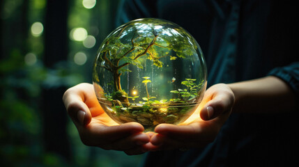 Close up of human hands holding glass globe with forest inside. Ecology concept - Powered by Adobe