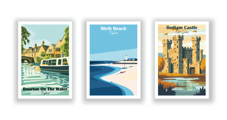 Blyth Beach, England. Bodiam Castle, East Sussex. Bourton On The Water, England - Set of 3 Vintage Travel Posters. Vector illustration. High Quality Prints