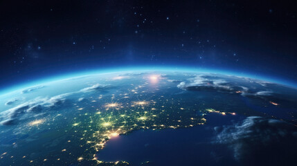 Fototapeta na wymiar Earth view from space showing realistic planet surface and city lights .