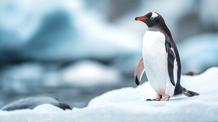 A penguin standing on the ice in winter.