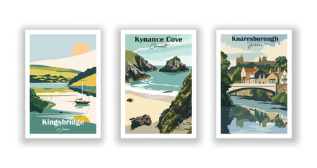Kingsbridge, Devon. Knaresborough, Yorkshire. Kynance Cove, Cornwall - Set of 3 Vintage Travel Posters. Vector illustration. High Quality Prints