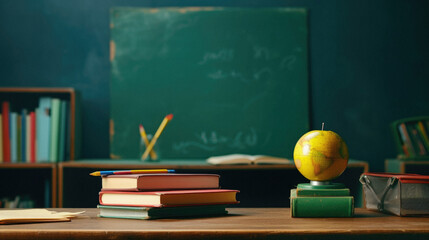 Back to school concept. Stack of books and apple on wooden table in classroom