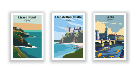 Leeds, Yorkshire. Lizard Point, England. Llansteffan Castle, Wales - Set of 3 Vintage Travel Posters. Vector illustration. High Quality Prints