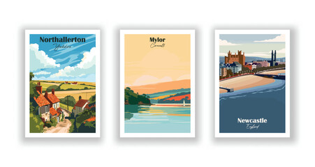 Mylor, Cornwall. Newcastle, England. Northallerton, Yorkshire - Set of 3 Vintage Travel Posters. Vector illustration. High Quality Prints - obrazy, fototapety, plakaty