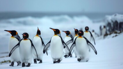 A group of penguins walking on the snow-covered beach.