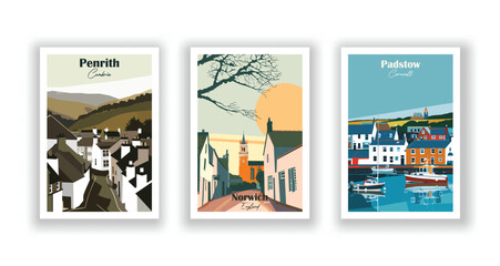 Fototapeta na wymiar Norwich, England. Padstow, Cornwall. Penrith, Cumbria - Set of 3 Vintage Travel Posters. Vector illustration. High Quality Prints