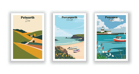 Penzance, England. Perranporth, Cornwall. Petworth, Sussex - Set of 3 Vintage Travel Posters. Vector illustration. High Quality Prints