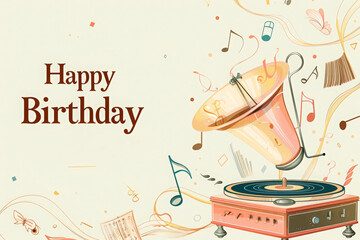 Musical birthday greeting with vintage gramophone and notes