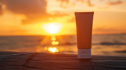 Sun cream against the backdrop of sunset and sea