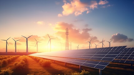Solar panels and wind turbines of today provide sunset light. idea of sustainable, green, and renewable energy Illustrations .