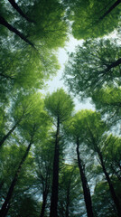 Forest trees view from below into the sky. nature green wood sunlight backgrounds - obrazy, fototapety, plakaty