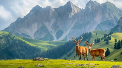 Fototapeta premium a pair of deer in the green forest with a mountain background.