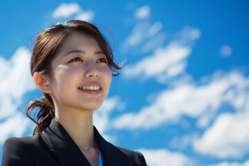 青空背景の笑顔の日本人の女性ビジネスマンのポートレート写真（スーツ・若手・新人・新入社員） - obrazy, fototapety, plakaty