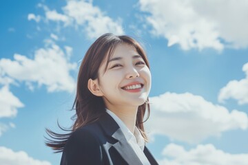 青空背景の笑顔の日本人の女性ビジネスマンのポートレート写真（スーツ・若手・新人・新入社員）