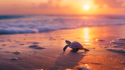 a newly born turtle crawls towards the sea in sunset. - obrazy, fototapety, plakaty