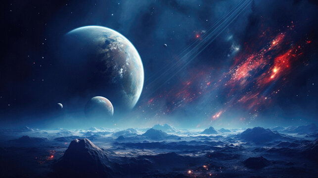 Cosmic landscape with planets, stars and galaxies. Elements of this image furnished by NASA