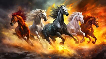 Majestic horses racing from flames - Illustration of powerful horses charging forward against a backdrop of fiery flames - obrazy, fototapety, plakaty