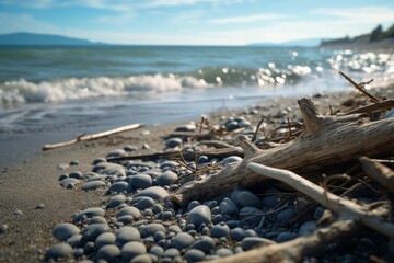 a beach with driftwood and small pebbles scattered around and the sea in the background