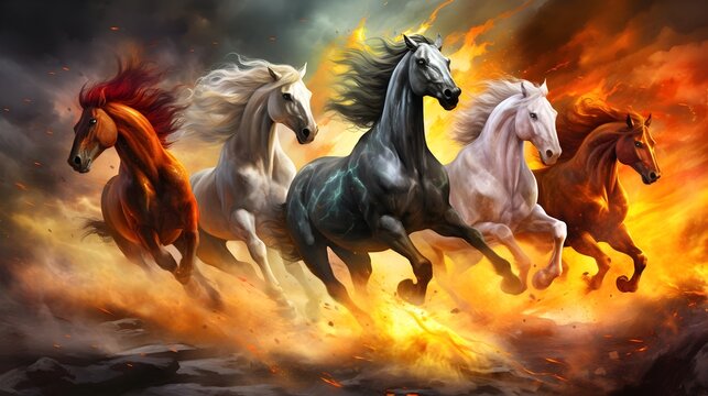 Majestic horses racing from flames - Illustration of powerful horses charging forward against a backdrop of fiery flames