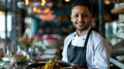 An Indian chef presents his culinary art in a restaurant